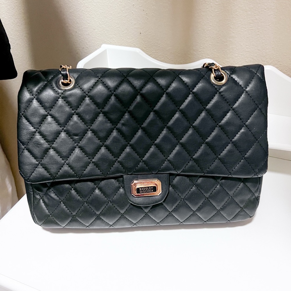 Badgley Mischka Black Quilted Chain Shoulder Bag | Gold Hardware